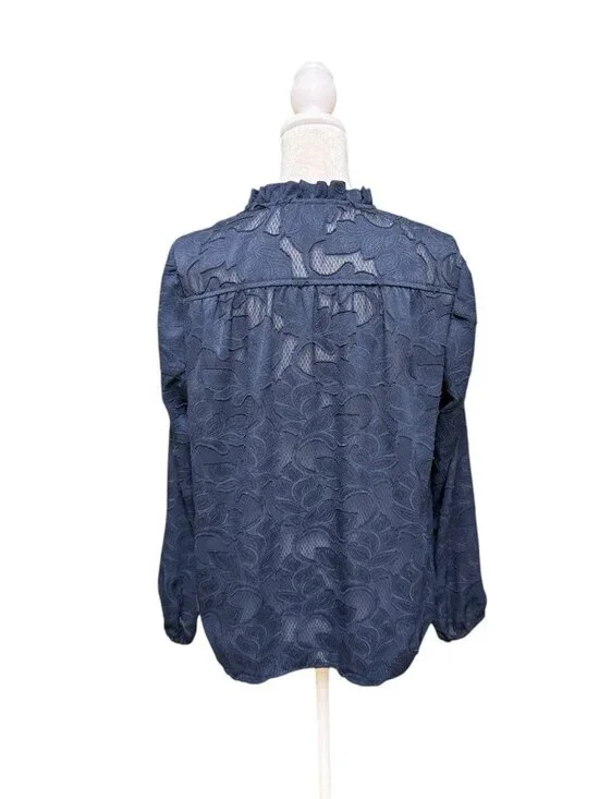 Banana Republic Lace Blouse Navy Blue Sheer Long Sleeve Petite - Picture 2 of 5